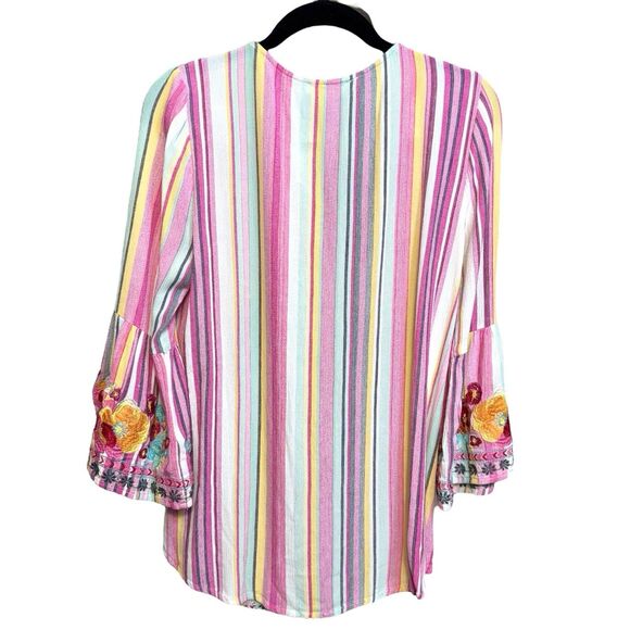 Andree Boho Floral Heavily Embroidered Tunic Top Size S Striped Bell Sleeve - Picture 7 of 9